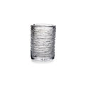Clear glass tumbler with horizontal textured ridges throughout the exterior.