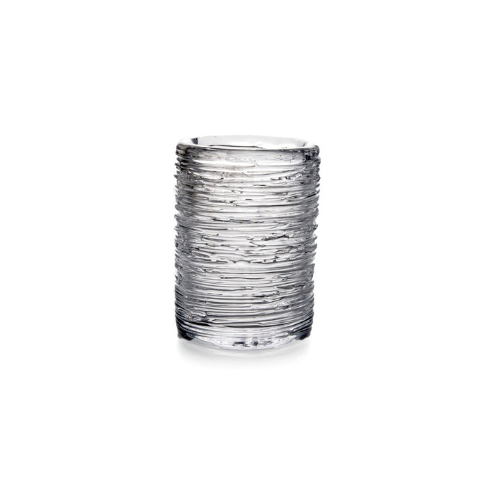 Clear glass tumbler with horizontal textured ridges throughout the exterior.