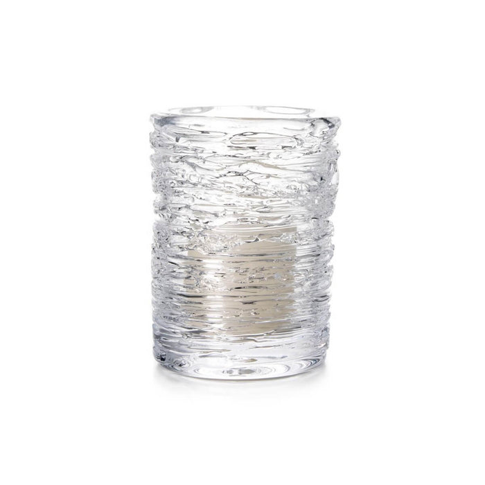 Clear glass tumbler with swirled texture pattern and horizontal ridges throughout.
