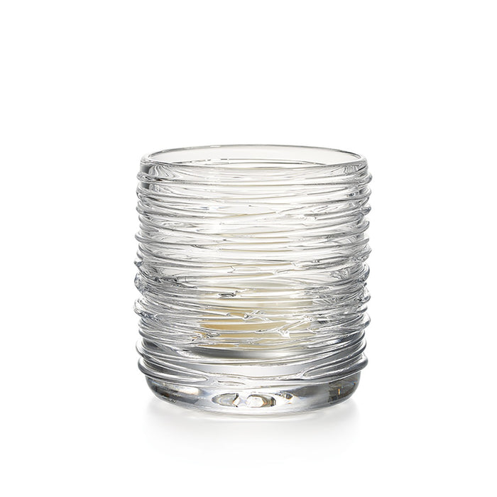 Clear glass tealight holder with horizontal ridged texture throughout the cylindrical body.
