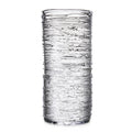 Clear glass cylindrical vase with horizontal textured bands and dark streaks throughout.