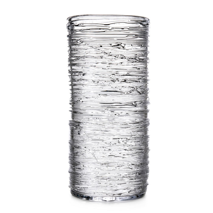 Clear glass cylindrical vase with horizontal textured bands throughout.