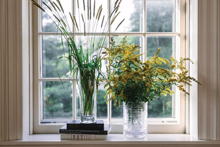 Clear glass vase with tall green grass-like stems and white textured vase holding yellow flowering branches, displayed on win