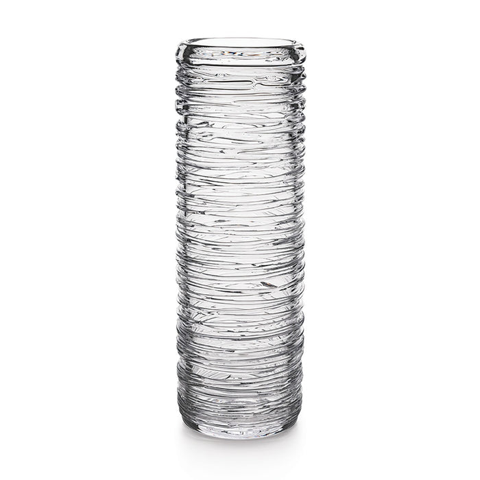 Tall cylindrical clear glass vase with horizontal textured bands throughout.