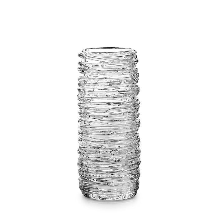 Clear glass cylinder vase with horizontal ridged texture throughout.