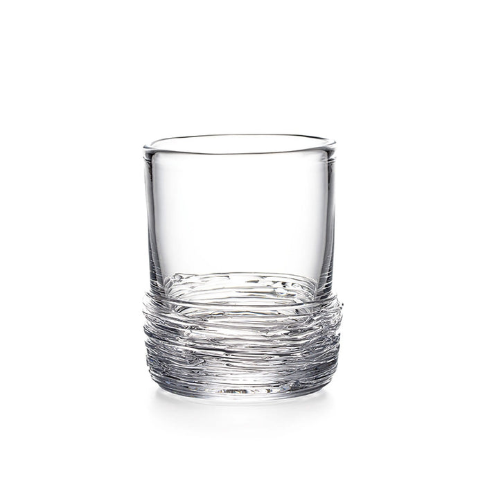 Clear glass tumbler with textured band around lower portion.