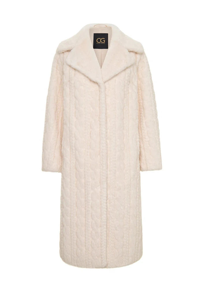 Stay warm and cozy this winter in an elegant cream cable knit coat with faux fur accent, also known as the Faux Fur Coat Hildi. This stylish knit fur jacket is the perfect addition to your winter wardrobe.