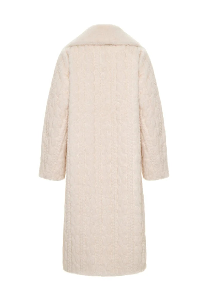 Stay cozy and chic in this elegant cream cable knit coat with a faux fur collar, the perfect winter essential for a stylish look.