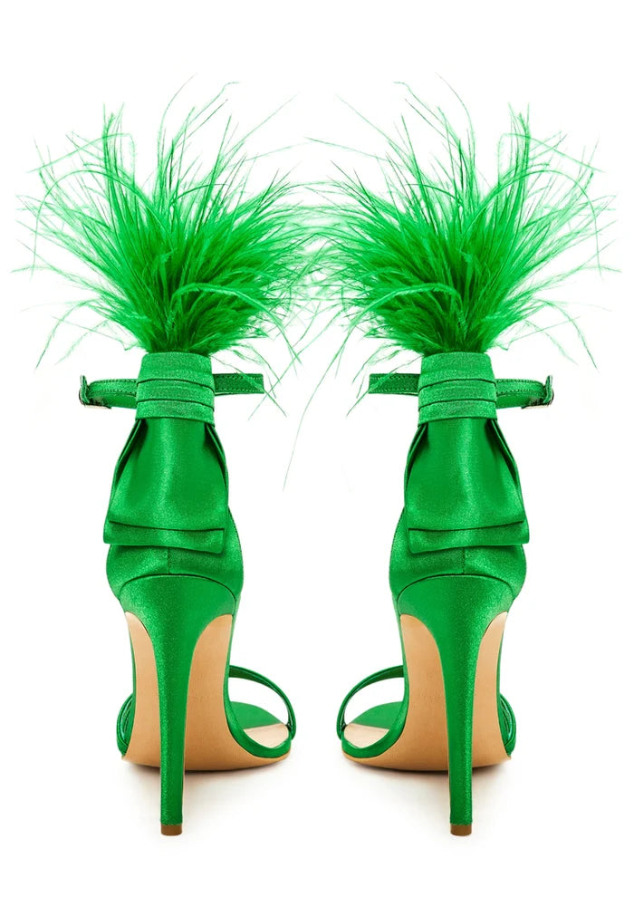 Elegant Feathered Ankle Strap Luxury High Heel Sandals - Green