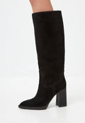 A pair of elegant black knee-high block heel boots, also known as Bambi boots, perfect for a chic and stylish look.