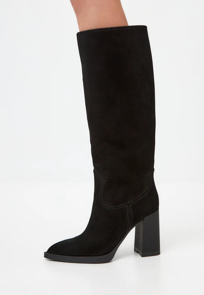 A pair of elegant black knee-high block heel boots, also known as Bambi boots, perfect for a chic and stylish look.