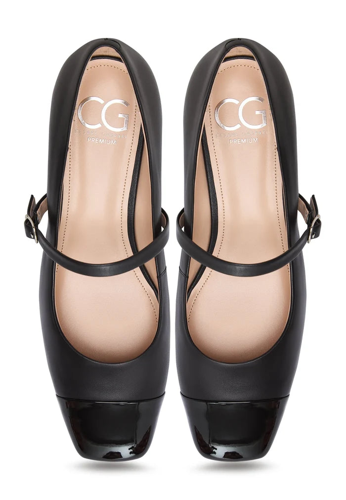 A stylish pair of black Mary Jane heels, perfect for an elegant and timeless look.