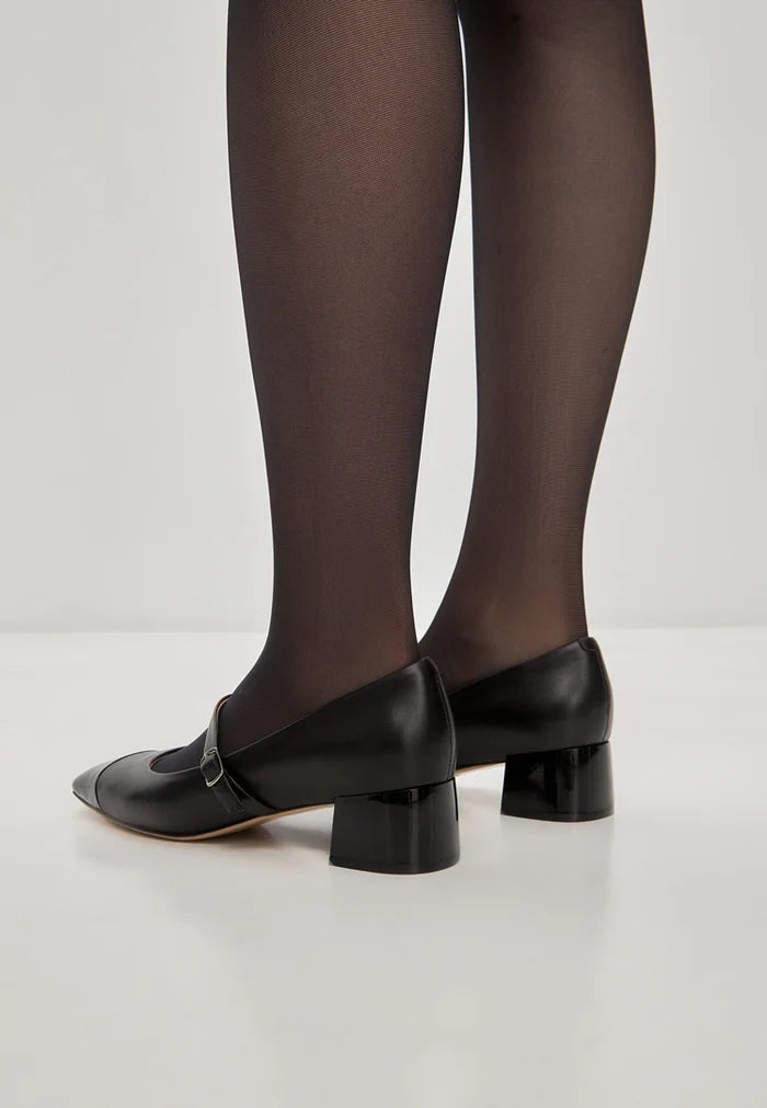 A chic pair of black Mary Jane heels, perfect for a classy and timeless look.