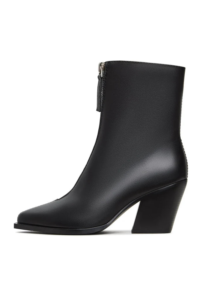 A stylish pair of elegant black zipper heel boots, perfect for fashion-forward women's footwear.
