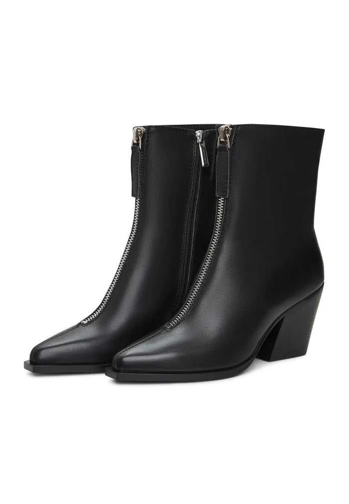 A pair of stylish black zipper heel boots, perfect for women's fashion footwear, boasting an elegant design.