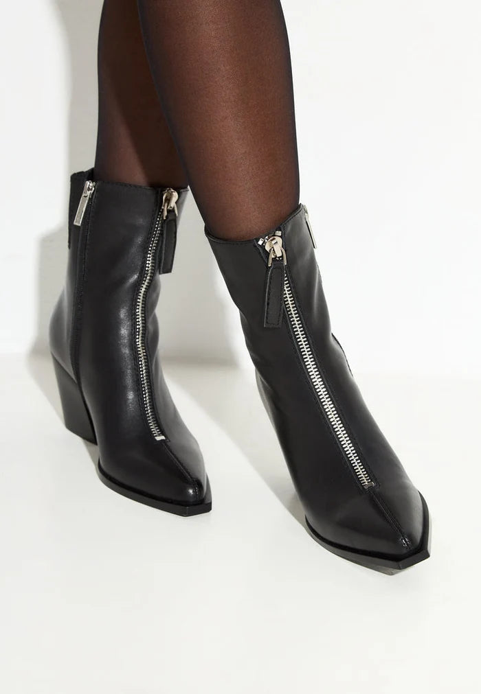 A stylish pair of elegant black zipper heel boots - the perfect fashion footwear for women.