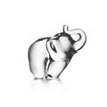 Clear glass elephant figurine with raised trunk and black decorative details on body.