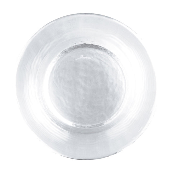 Clear glass coaster with circular center depression and flat outer rim.