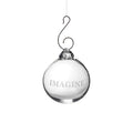Clear glass round ornament engraved with "IMAGINE" text, suspended from a curved metal hook.