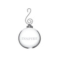 Clear glass round ornament with "INSPIRE" engraved on front and decorative metal hook.
