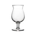 Clear glass tulip-shaped goblet with stem and pedestal base on white background.