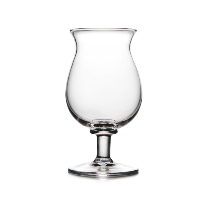 Clear glass tulip-shaped goblet with stem and pedestal base on white background.