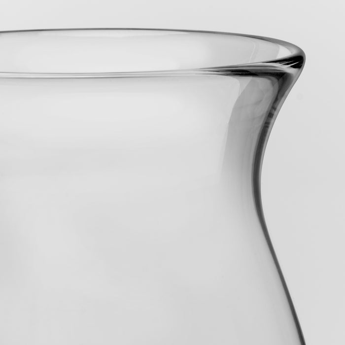 Close-up of a transparent glass vessel, showing the curved rim and clear glass body against a light gray background.