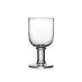 Clear glass goblet with rounded bowl, cylindrical stem, and circular base.