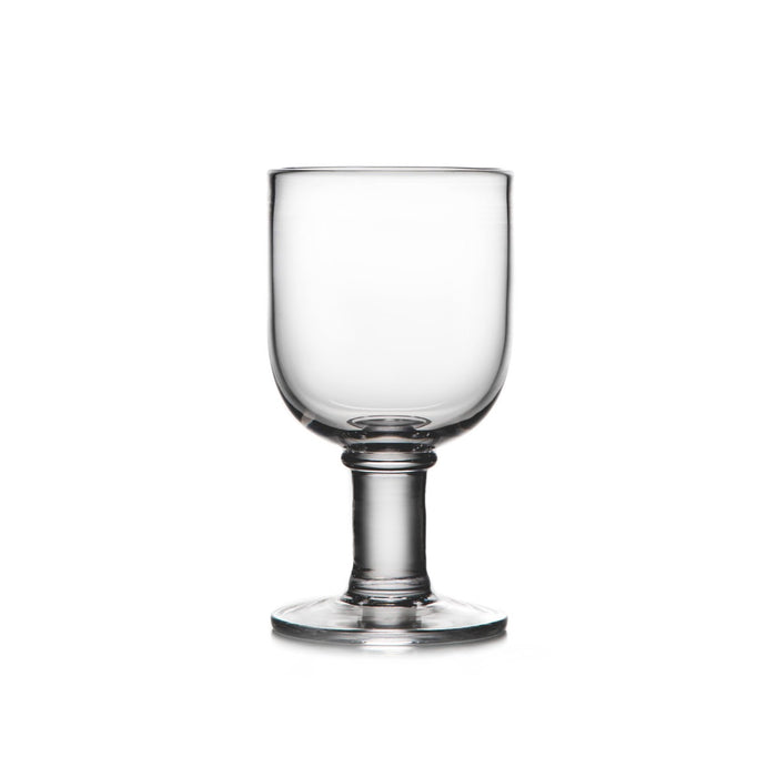 Clear glass goblet with rounded bowl, cylindrical stem, and circular base.