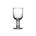 Clear glass wine goblet with rounded bowl, cylindrical stem, and circular base.
