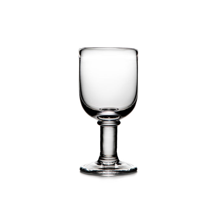 Clear glass wine goblet with rounded bowl, cylindrical stem, and circular base.