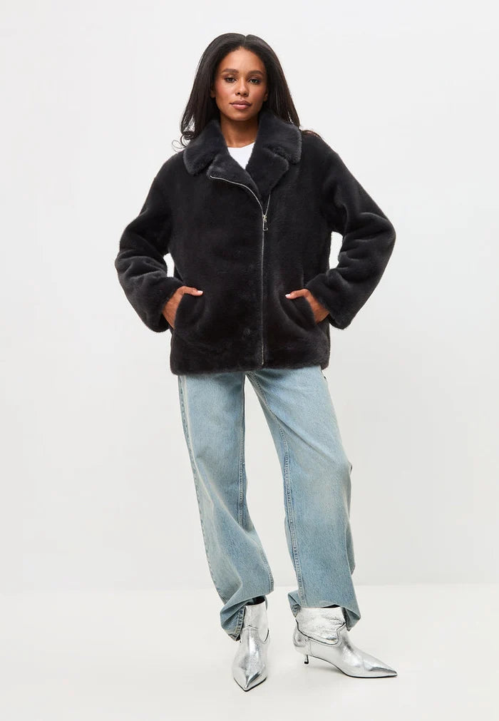 A stylish black Diana faux fur coat, perfect for winter fashion outerwear.