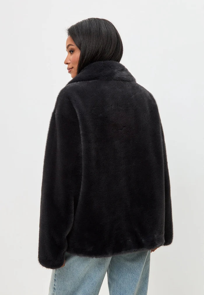 A stylish black faux fur Diana coat, the perfect winter fashion outerwear piece.