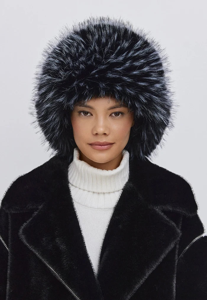 A stylish black faux fur hat, perfect for winter fashion statements.