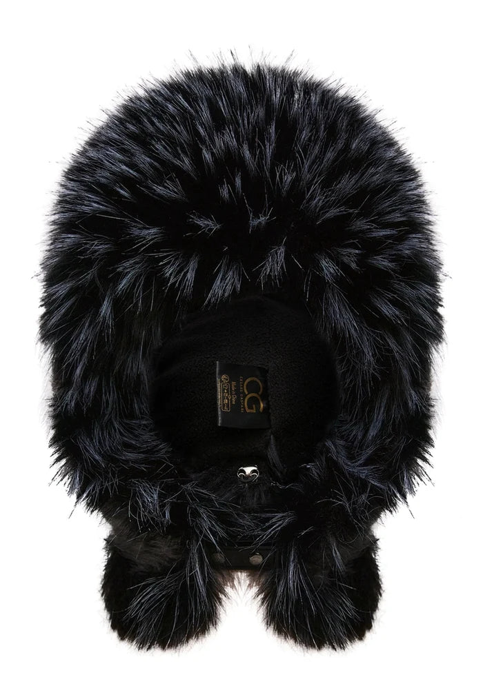 A stylish black faux fur hat perfect for keeping warm in the winter.