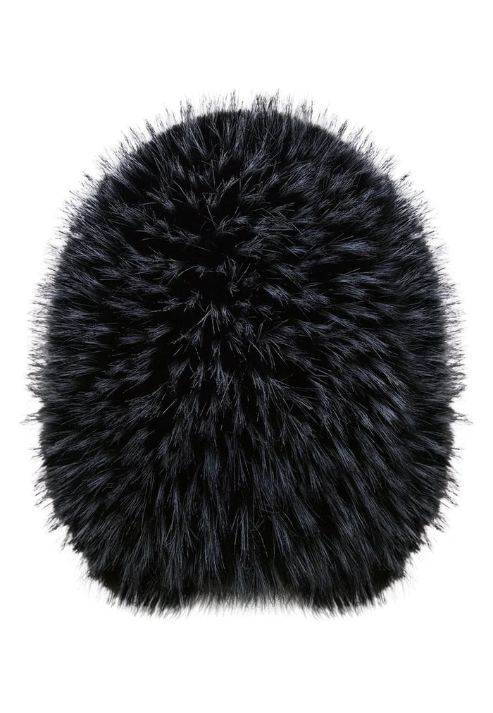 A stylish black faux fur hat perfect for winter fashion.