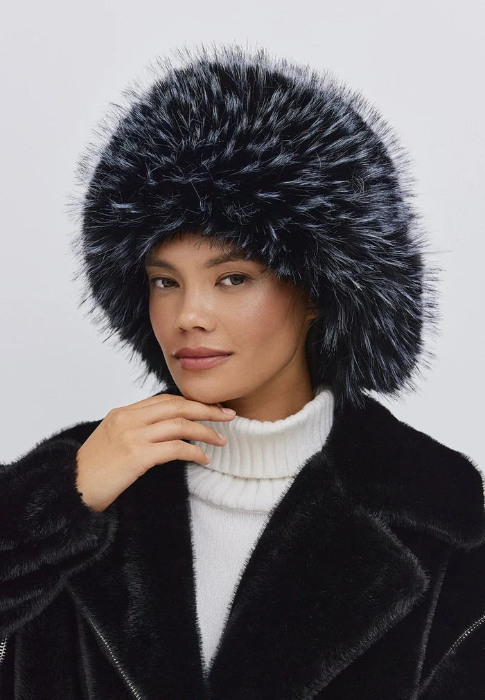 A stylish and cozy black faux fur hat perfect for staying warm in the winter.