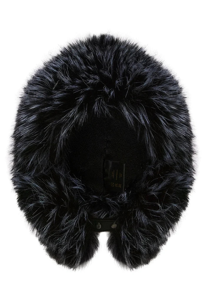 A stylish black faux fur hat, perfect for staying warm and fashionable during the winter season.