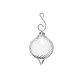 Clear glass finial ornament with spiral ridged pattern and metal hanging hook.