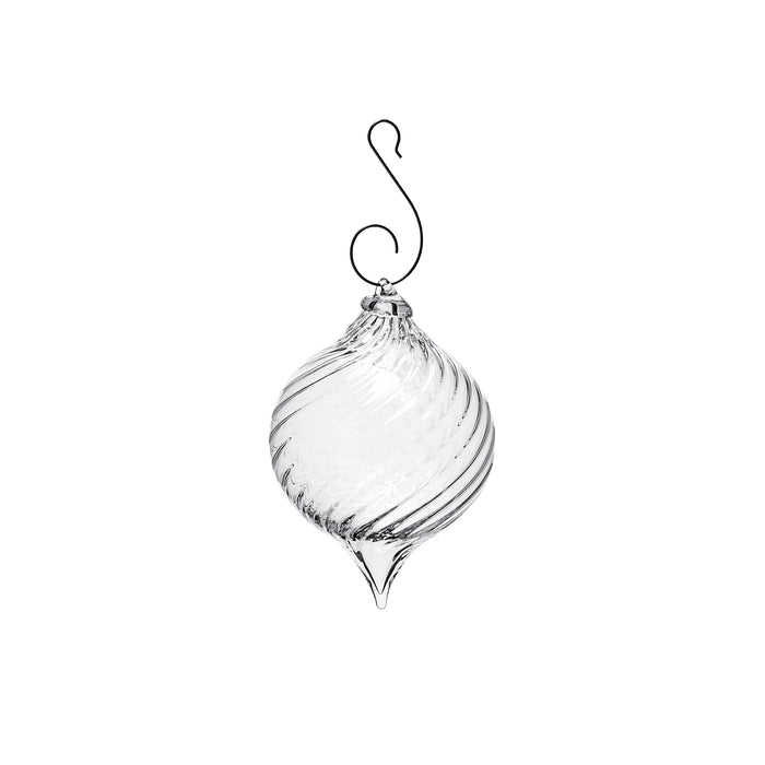 Clear glass finial ornament with spiral ridges, metal cap, and curved wire hook for hanging.