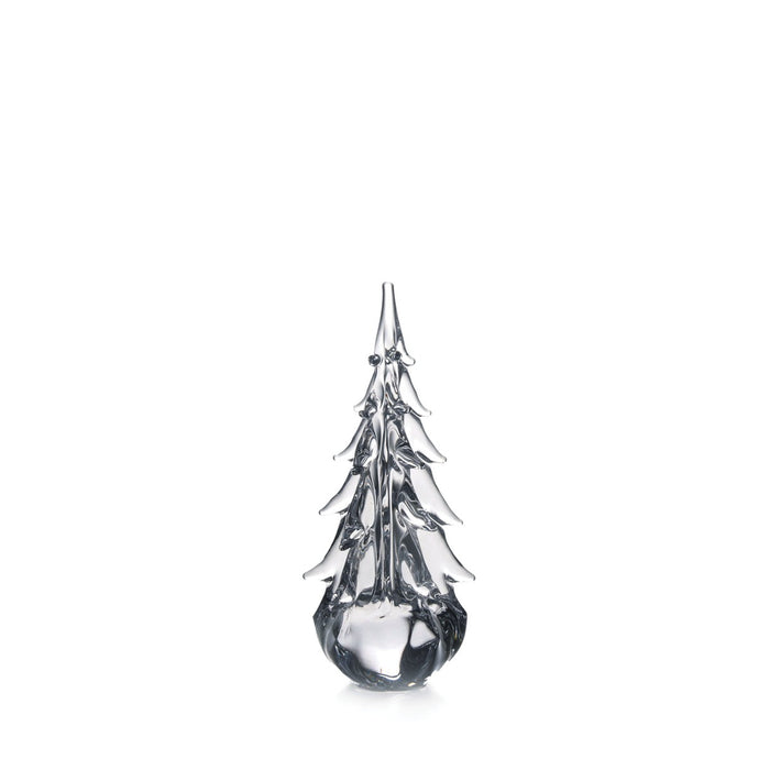 Clear glass evergreen tree figurine with pointed top and rounded base on white background.