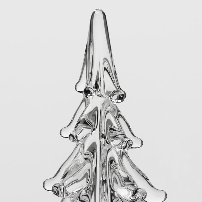 Clear glass five-sided evergreen tree with bell-shaped tiers and rounded ball finials.
