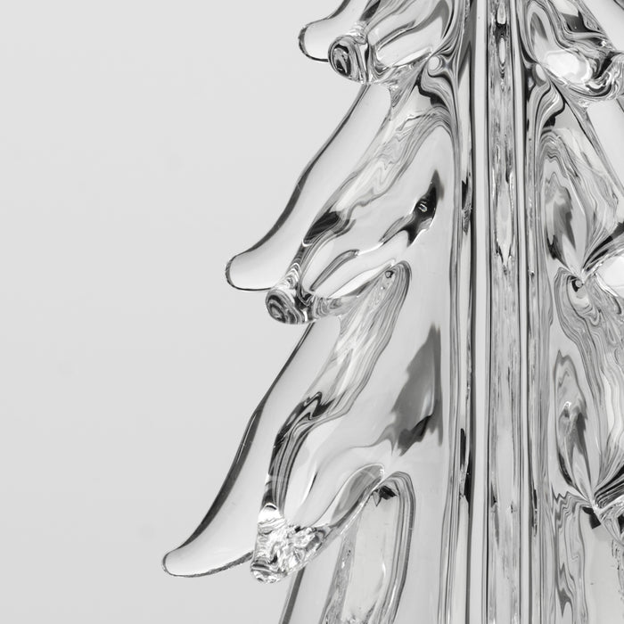 Clear glass five-sided ornament with curved edges and reflective surface against white background.