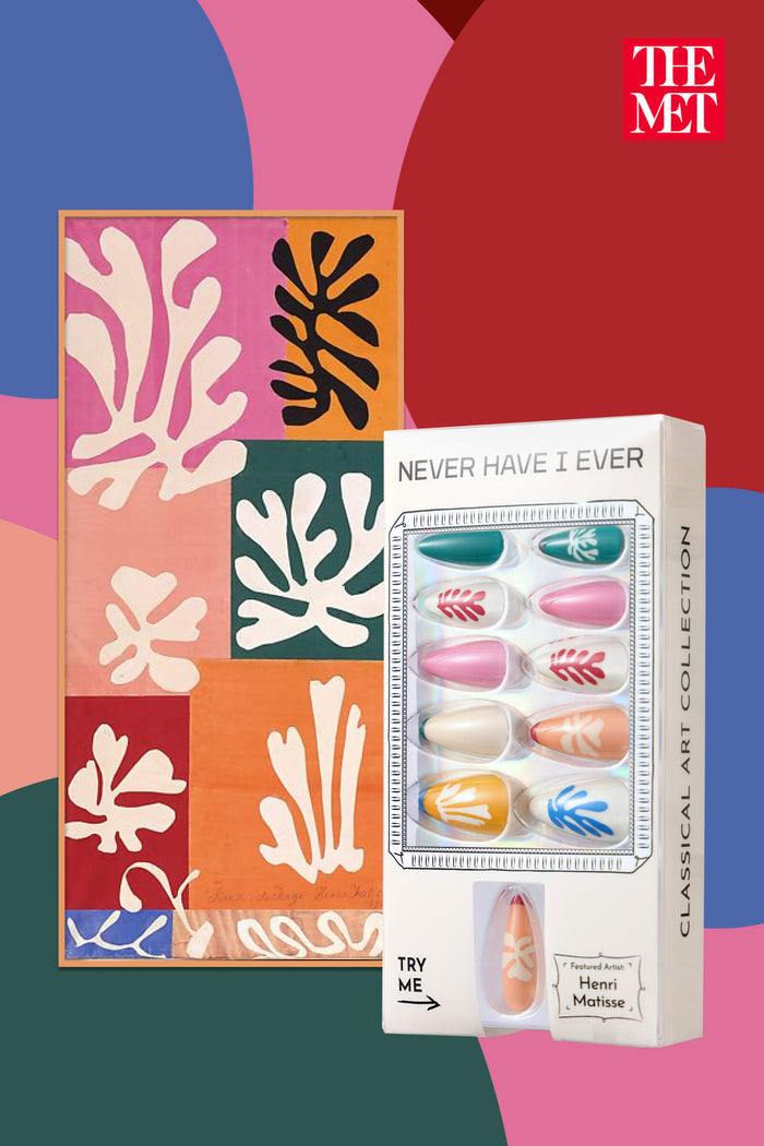 Henri Matisse Snow Flowers almond press-on nails featuring a colorful abstract art inspired design.