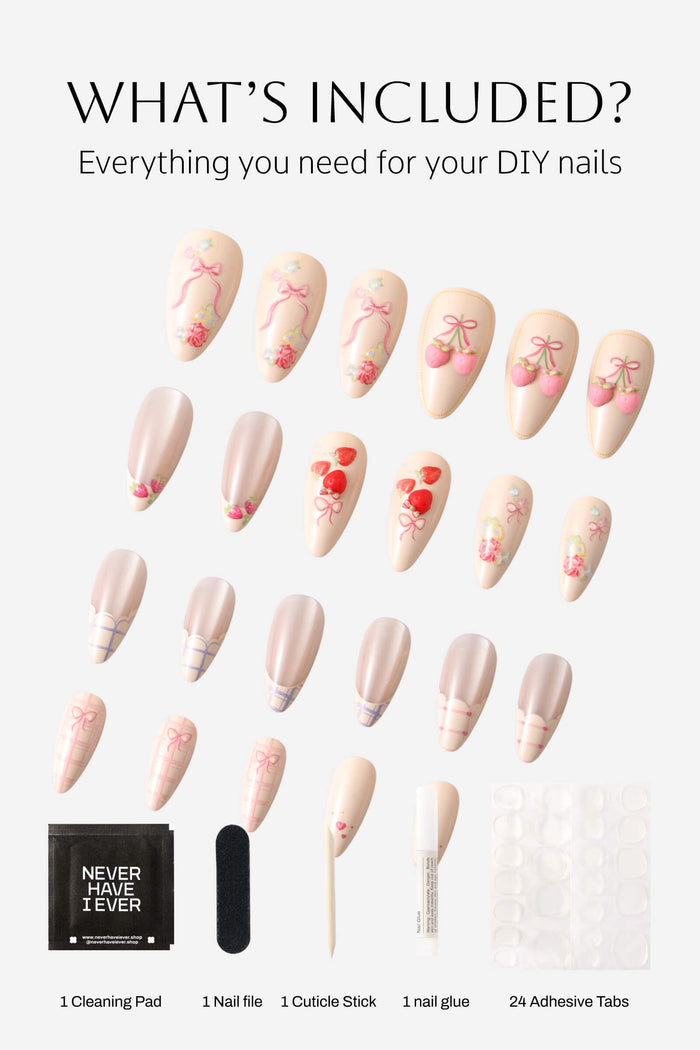 Almond press-on nails with floral, strawberry, and plaid designs, including nail file, glue, and adhesive tabs.