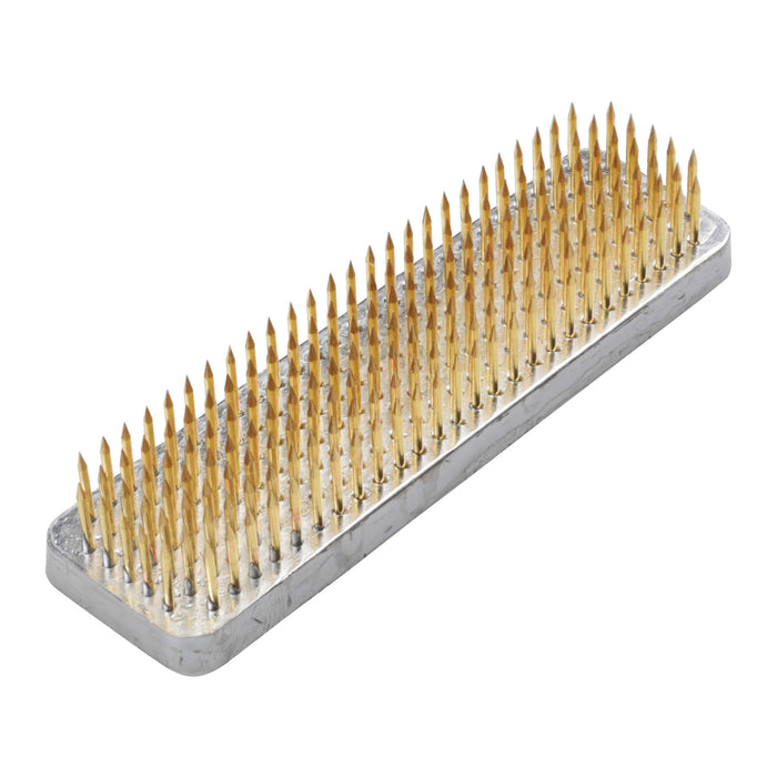 Rectangular metal flower frog with multiple brass pins arranged in rows on a silver base.