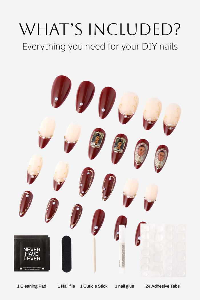 Frida Kahlo almond press-on nails with included application kit.