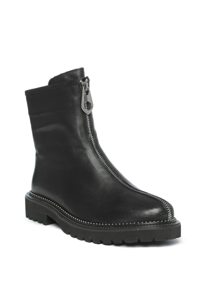 A stylish pair of black front-zip ankle boots for women, featuring a sleek design and convenient zipper closure.
