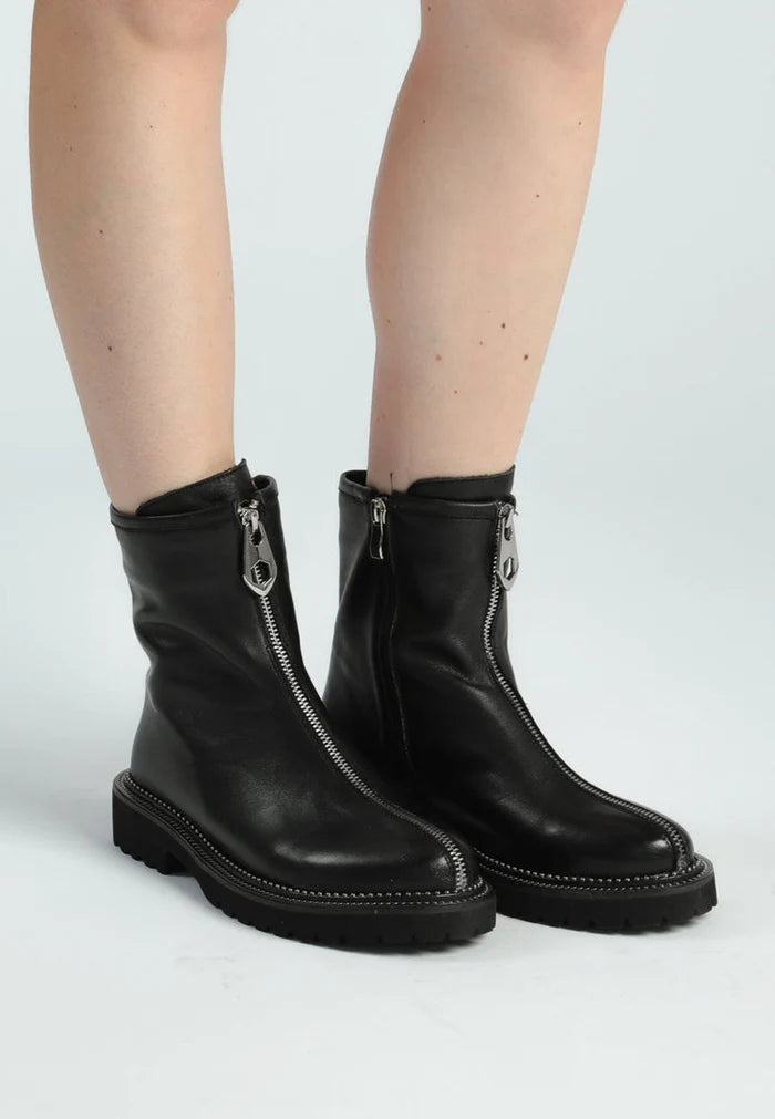 A stylish pair of black front-zip ankle boots with subtle details, perfect for any modern woman's wardrobe.