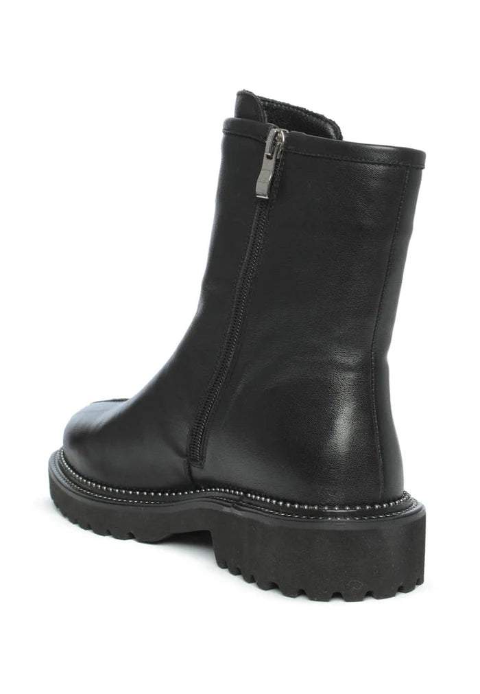 A stylish pair of women's black front-zip ankle boots featuring a chic zipper detail.
